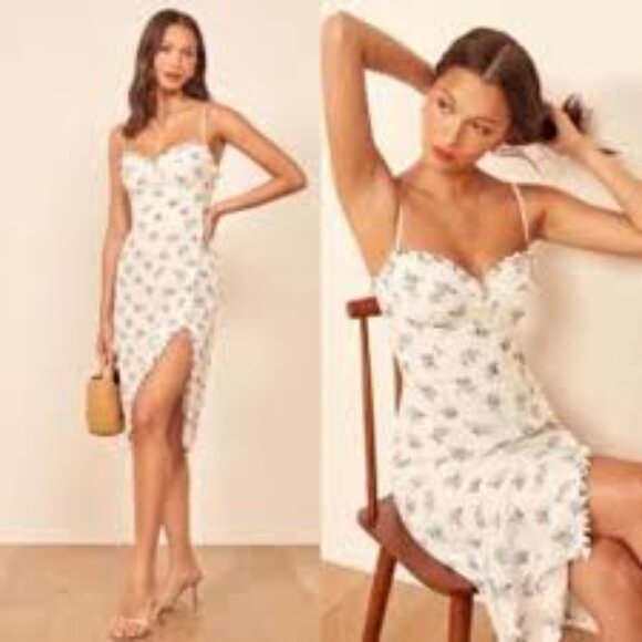 Reformation | Poise Ivory and Navy Floral Midi Dress - Picture 2 of 9